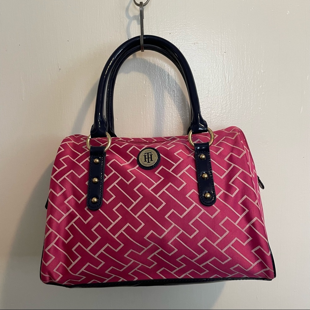 Tommy Hilfiger Pink Canvas Monogram Satchel w Blue Patent Leather